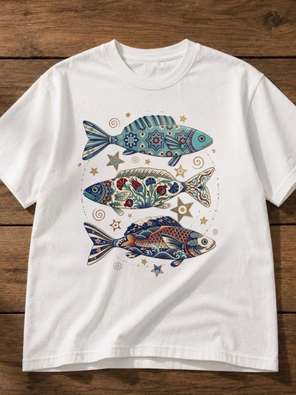 White Tee with Multicolor Blue and Gold Fish Motif